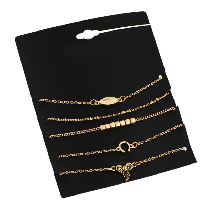 

European Vintage Simple Leaves Small Elephant Bracelet Set for Women Girls 5 Pcs/Set Bracelet Anklets 2B409