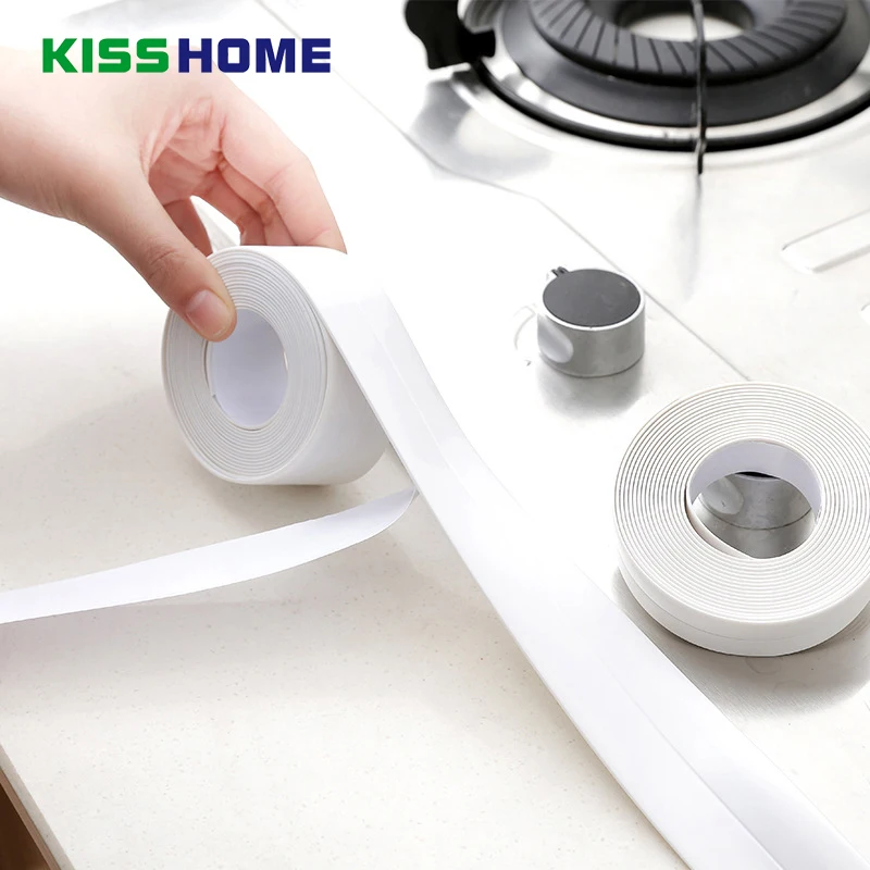 

2 pcs White Kitchen Bathroom Waterproof Mildew Proof Cracks Tape Line Corner Seams Moisture Protection Collision Rubber Strip