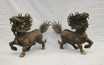 

17 Chinese Fesnghui Evil Door Dragon Kylin Beast old Bronze Copper Kirin Pair