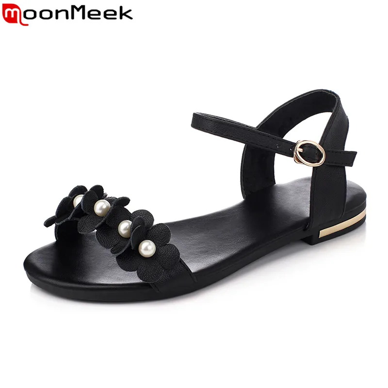 

MoonMeek 2020 New women sandals full genuine leather summer sandals buckle strap flower flat fashion shoes woman black white