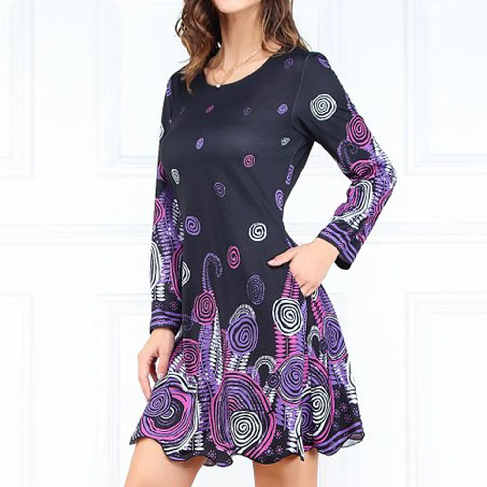 

FeiTong Elegant long sleeves short dress Women abstract scallop-hem mini dress Elegant autumn winter purple robe dress vestidos