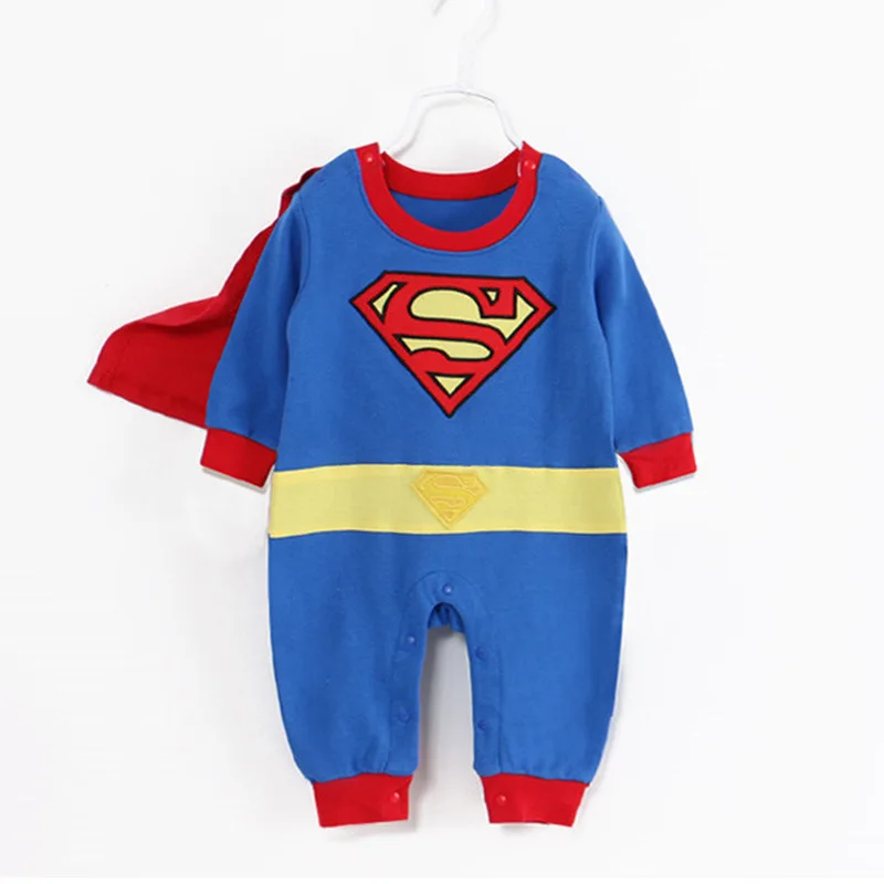 Милый ребенок косплей Лето новорожденных детские комбинезоны супергерой Супермен хлопок мальчик девочка комбинезон для новорожденного одежда с плащом