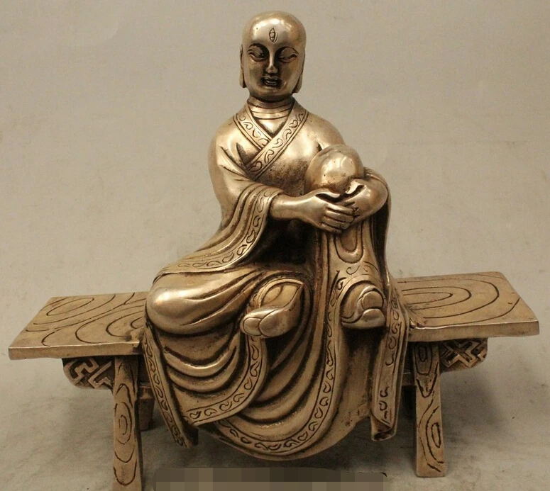 

9" Chinese Silver Buddhist 3 Eyes Arhat Monk Buddha Sitting Stool Chair Statue R0715 Discount 35%