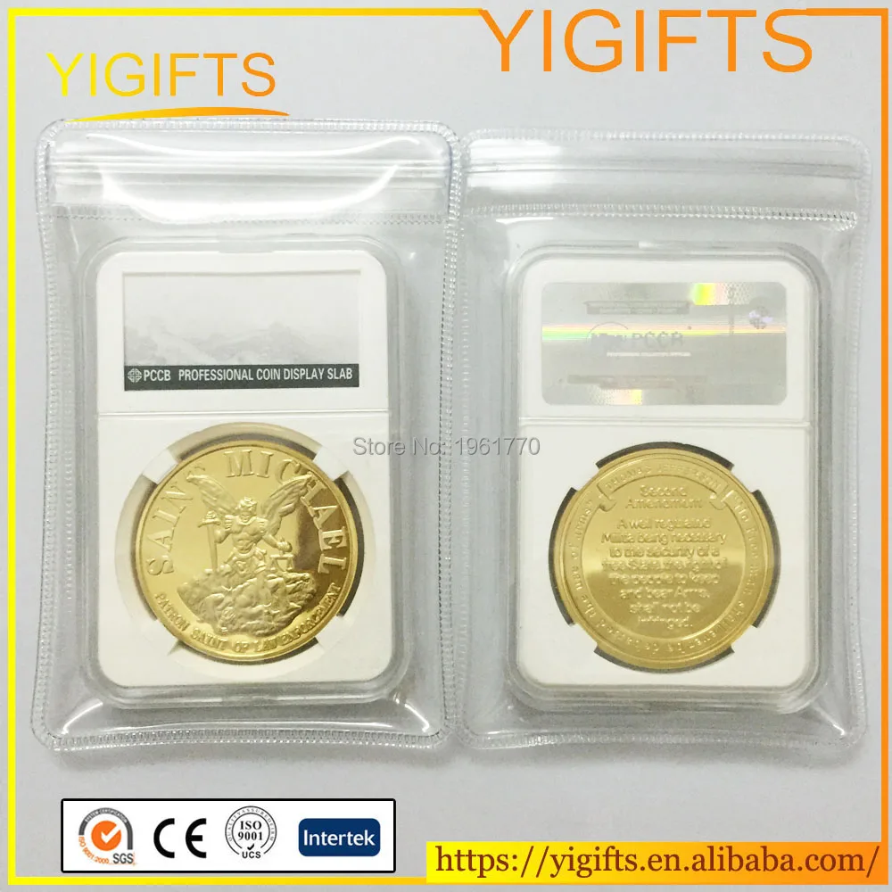 

5pcs/lot 1 OZ Saint Michael Patron Stint of Law Enforcement Gold Plated Commemorative Challenge Coin with PCCB case