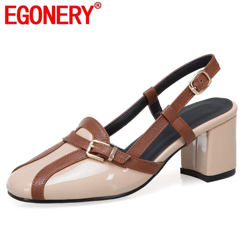 

EGONERY shoes woman 2019 summer new fashion sexy mixed colors patent leather woman sandals outside med hoof heels buckle shoes