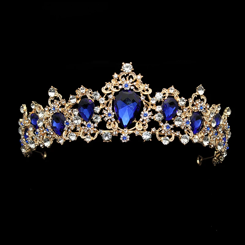 

Large Luxury Fashion Crystal Wedding Bridal Tiara Diamante Royal Blue Crown Pageant Prom Hair Jewelry For Bridesmaid Bride