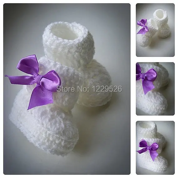 White Crochet Baby Booties, Purple bow 