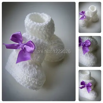 

White Crochet Baby Booties, Purple bow, Crochet Shoes, Baby Shoes,Newborn and Infant Booties, Boots for babies, Baby shower gift