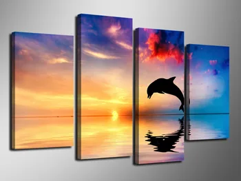 

2015 Hot Sell 4 Panel Dolphin Surf With Sunset Large HD Picture Modern Home Wall Decor Canvas Print Painting For House Decorate