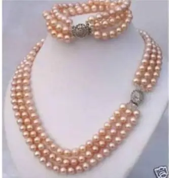 

Beautiful 3row 7-8 mm pink pearl necklace17"18"19" bracelet 7.5-8inch