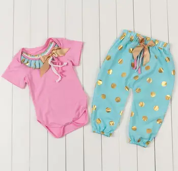 

Baby Newborn take home outfit,Pink & Gold girls one pieces,gold Polka Dot leggings,floral pants,baby romper