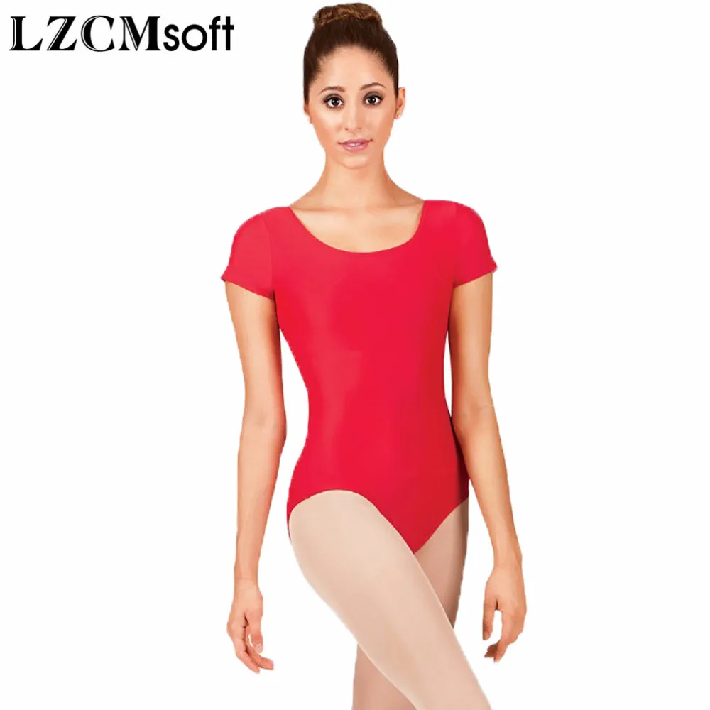 LZCMsoft Adult Nylon Short Sleeve Gymnastics Leotard Spandex Scoop Neck Black Ballet Leotards Jumpsuit For Women Dance Wear Suit