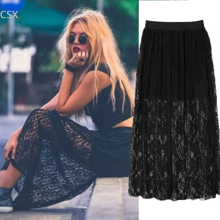 

MwOiiOwM 2018 Spring Summer Flower Lace Sheer Maxi Skirts Women Saias Femininas Long Skirt 18