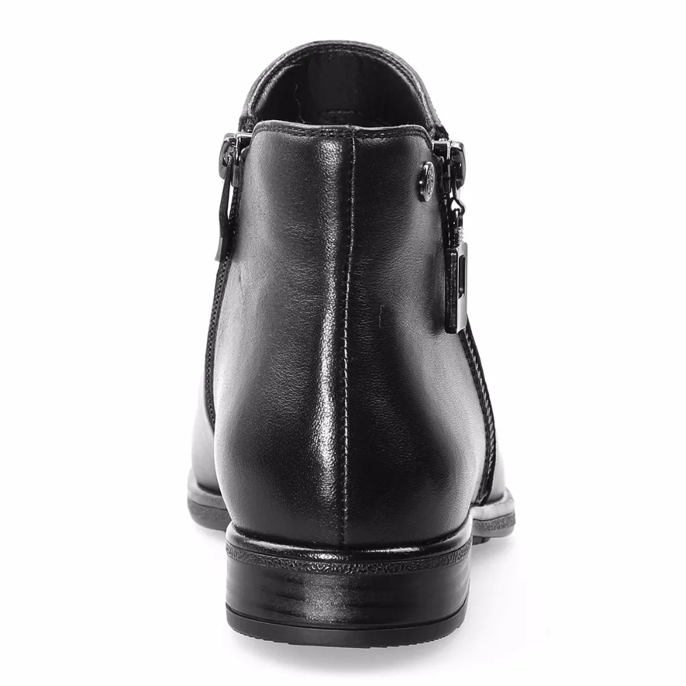 Noir Chaudes Carré Courtes Peluche Hiver Véritable Cheville Cuir Bout Mouton En De Chaussures Peau Mebi Femmes Rond Talon Bottes qTw188U