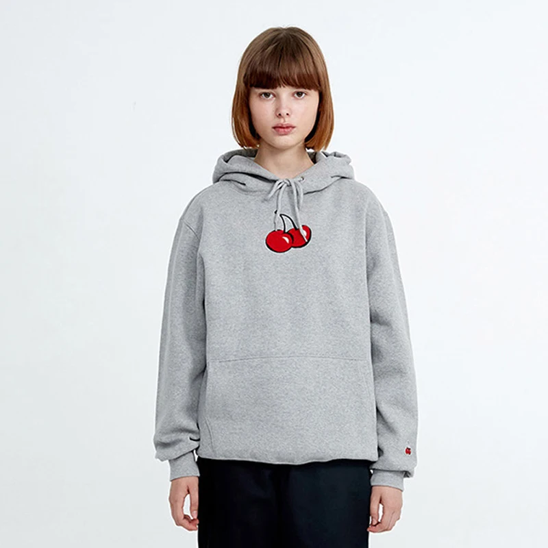 

Euro Fashion Men Women BF Harajuku Cotton Pullover Sweatshirts Hoodies Grey Cherry Patch Embroidery Femme Oversized Jumpers Top