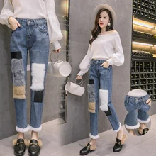 Настоящие короткие кроличьи меховые Ретро осенние и зимние джинсы женские с высокой талией Корейская версия свободные прямые шаровары