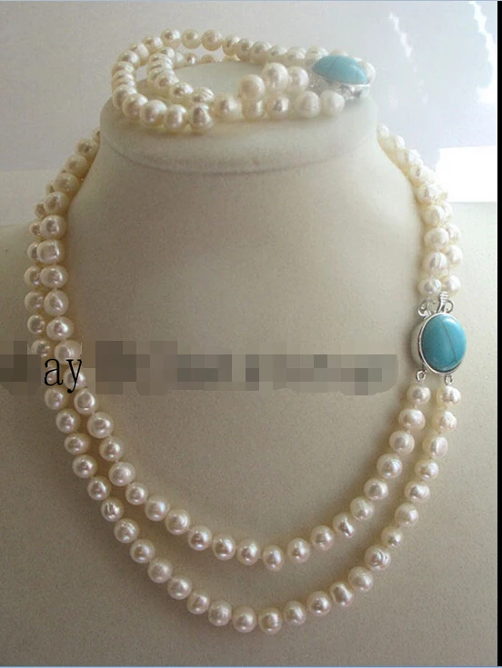 

*******2rows freshwater pearl white round necklace bracelet 16-17.5" nature