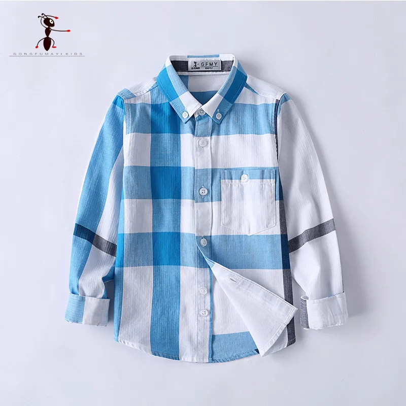 Kung Fu Ant/Лидер продаж; повседневные рубашки для мальчиков с отложным воротником; хлопковые клетчатые школьные блузы с длинными рукавами; одежда для малышей; европейский стиль - Цвет: blue