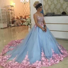 Бальное платье, светильник, небесно-Голубое Бальное Платье, розовые 3D цветы, Аппликации, v-образный вырез, без рукавов, специальные вечерние платья для милых 16