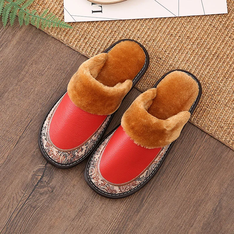 

Plush Warm Woman Slippers Winter Genuine Leather Home Indoor Non - Slip Ladies Slippers Large Size 2018 Waterproof Floor Shoes