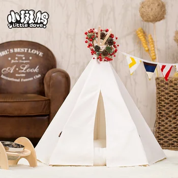 

pure white 100% cotton fabric pet play house teepee tent with mat