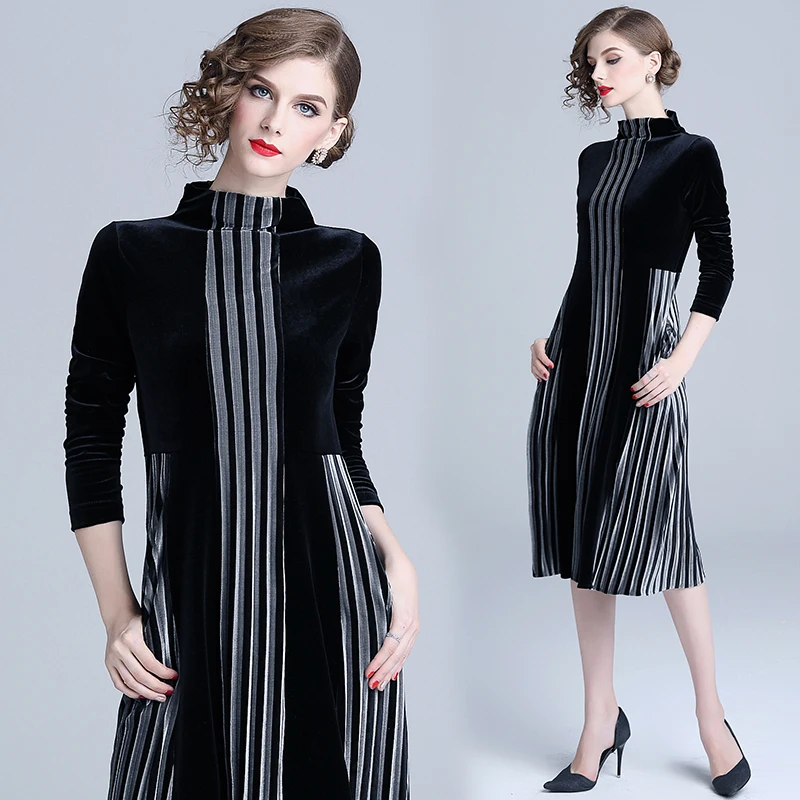 Vestido De terciopelo De manga larga negro De Invierno Ropa Invierno Mujer 2018 vestido De fiesta De rayas De cuello alto para Mujer Vestidos De Mujer K322 Vestido De terciopelo De manga larga negro De Invierno Ropa Invierno Mujer 2018 vestido De fiesta De rayas De cuello alto para Mujer Vestidos De Mujer K322