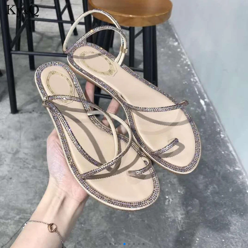 

Summer New 2019 Ladies Fashion Trend Rhinestones Comfortable Roman Style Square Head Toe Mouth Shallow Casual Wild Flat Sandals