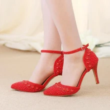 Women Summer Sandals Pointed Toe Rhinestone Pearl Wedding Party Shoes Gorgeous Bridal Shoes with Ankle Straps White Red and Pink
