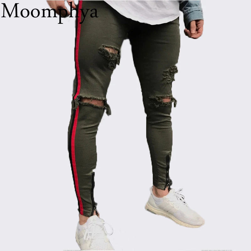 Moomphya, Новое поступление, мужские байкерские джинсы в красную полоску, джинсы с дырками, облегающие джинсы в стиле хип-хоп