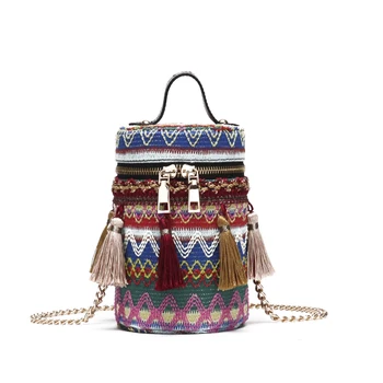 

Summer Fashion Ethnic Straw Weave Color Tassel Cylindrical Ladies Casual Totes Chain Purse Shoulder Bag Mini Messenger Bag