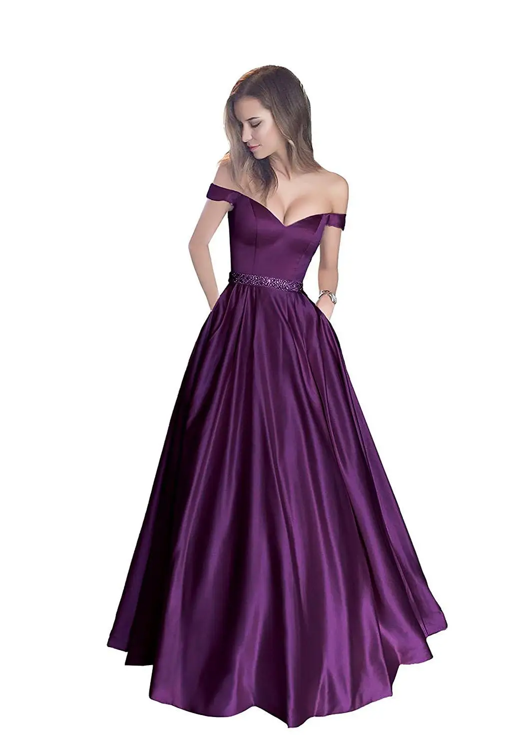 Длинное вечернее платье трапециевидной формы, винтажное платье с открытыми плечами, платье для выпускного вечера, пояс с кристаллами, платье с карманами, CG46 - Цвет: purple