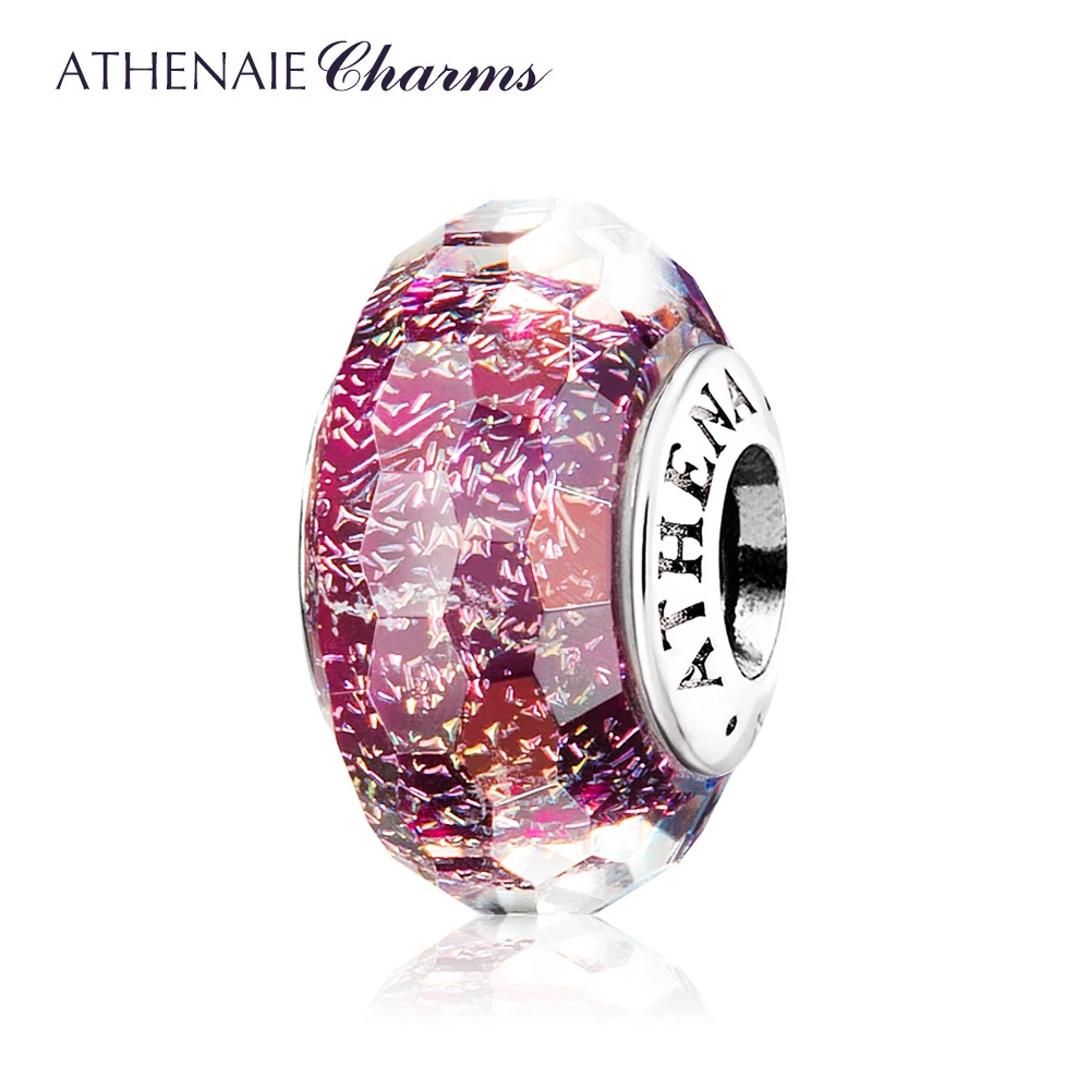 

ATHENAIE Genuine 925 Silver Charms Core Dark Purple Shimmer Faceted Murano Glass Bead Fit All European DIY Women Bracelets