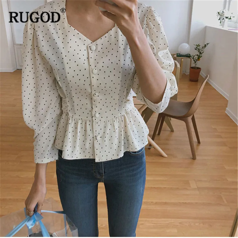 

RUGOD Casual women blouse Fashion spring dot printed ruffles hem shirts ladies office wear long Sleeve sweet tops and blouses