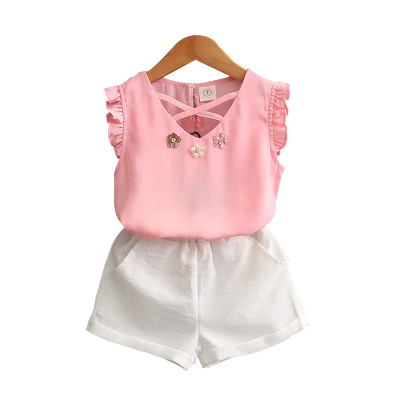 

2018 New Summer Style Girls Clothing Sets Children Clothing Cotton Chiffon Vest+Shorts Suit 2pcs Kids Clothes 2 3 4 5 6 7 Years