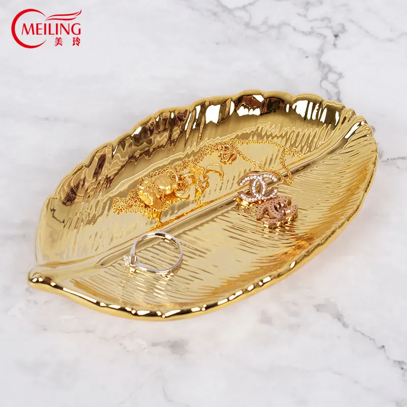 MEILING Elegant Gold Leaf Trinket Plates for Desk Decor Jewelry Trays Rings Dish for Girl Gift