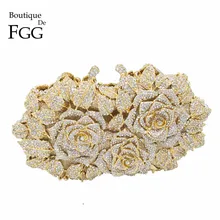 Caja de regalo de Pic Mujeres Chapado En Oro Rosa Flor Ahueca Hacia Fuera el Cristal Minaudiere Garras de Metal Pequeño Bolso de Noche de Embrague de La Boda