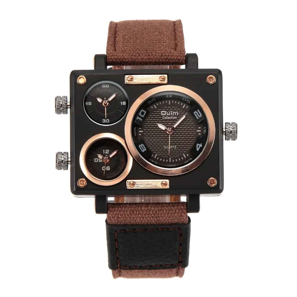 

Men's Collection Black Rectangle Case Three Quartz Time Zones Military Canvas Fabric and Leather Band Sports DZ Wrist Watches