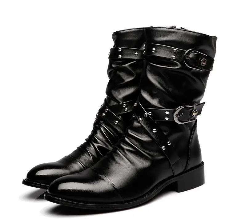 Кожаные ботинки высокого качества; мужские Универсальные ботинки в байкерском стиле; мужские черные ботинки до середины икры в стиле панк-рок; Botas Hombre; размеры 38-44