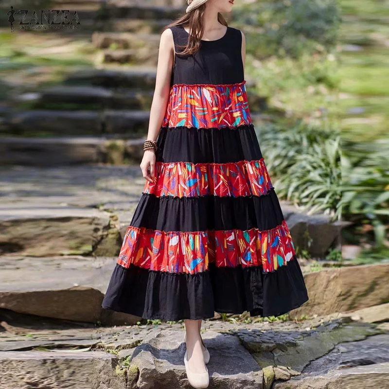 ZANZEA летний сарафан, женское богемное длинное платье макси, винтажное Хлопковое платье с цветочным принтом, пляжные вечерние сарафаны, женское платье