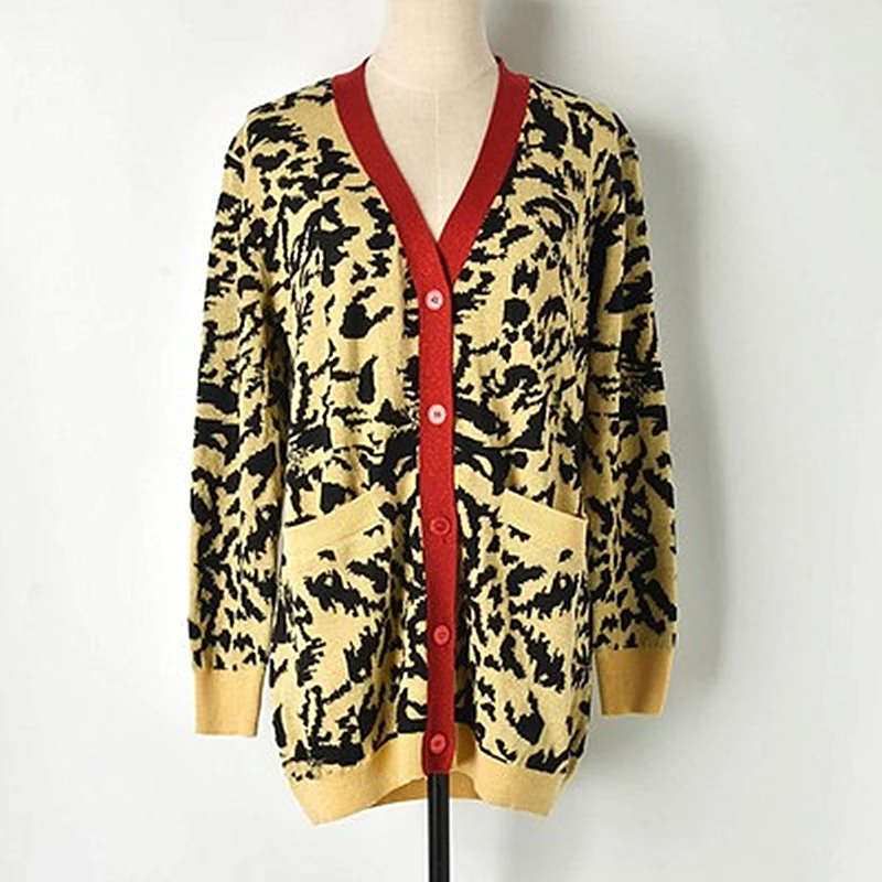 

2019 Spring New Women Sweater Long Fashion V-neck Leopard Contrast Color Jacquard Loose Single-breasted Knit Cardigan Women