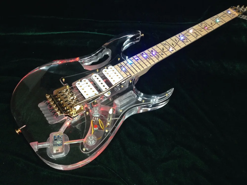 Good quality Acrylic electric guitar flower inlay led light gold