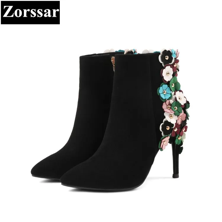 

{Zorssar} 2018 Fashion Flowers Ladies shoes Genuine Leather women High heels ankle boots Cow Suede Sexy thin heel Short boots