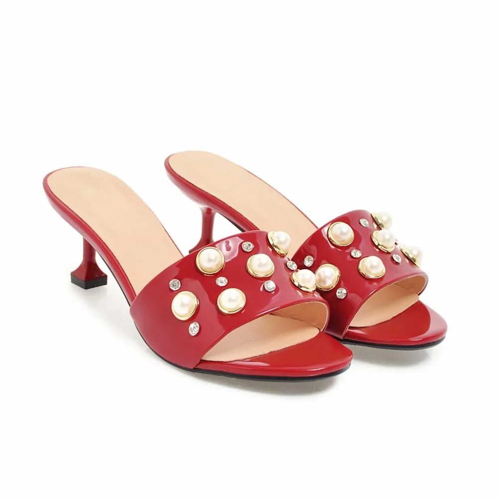 Сланцы женские на высоком каблуке 5 см с жемчужинами и заклепками|slippers for women|slipper