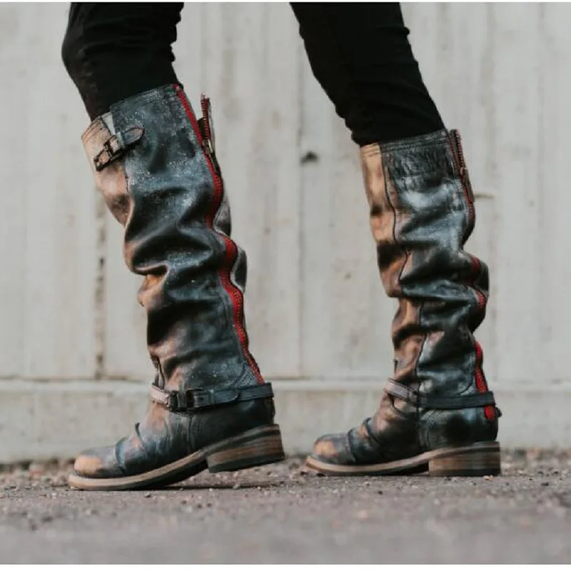 

Botas mujer boots women winter faux leather vintage riding boots mid calf low heels buckle strap platform ladies shoes plus size