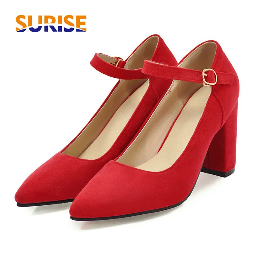 

Size 33-43 Career Woman Pumps Flock 9cm High Square Chunky Thick Heel Pointed Toe Ankle Strap Red Party Office Lady Mary Janes