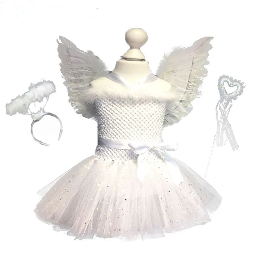 Белое блестящее балетное платье с перьями ангела для девочек для костюмированной вечеринки на день рождения детское платье для рождественской вечеринки платье-пачка с крыльями и волшебной палочкой - Цвет: Бежевый