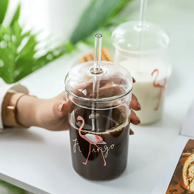 

450ML Flamingo Straw Mug Cold Drink Juice Glass Cup with lid European Round Coffee Cup