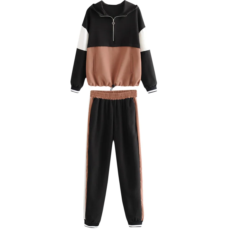 

Set female 2019 fashion casual loose stitching long-sleeved hooded temperament wild trousers women's two-piece suit