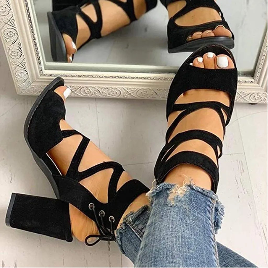 

Black And Blue Solid Roman Style High Heels Women's Back straps Lace Up Square Thick Heel Fish Mouth Sandals Hollow Casual Shoes