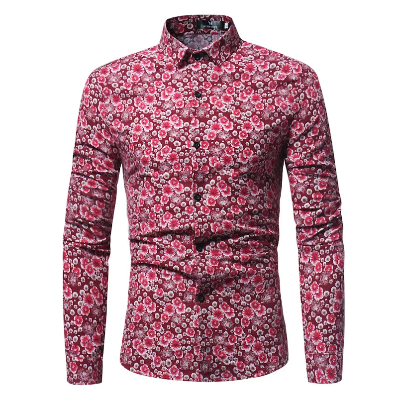 Мужская красная Цветочная рубашка 2018 брендовая новая приталенная рубашка с длинным рукавом мужская деловая Повседневная кнопка вниз
